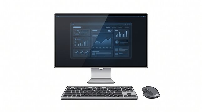 LCD Computer Monitor with Mouse and Keyboard on Desk, Modern Desktop PC Workstation and Office Technology Equipment for Business and Internet Use