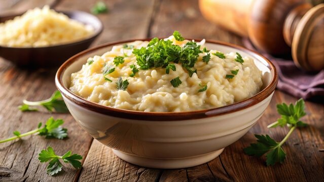 A steaming creamy risotto nestles in a delicate porcelain bowl adorned with goldenbrown grated cheese and fresh parsley