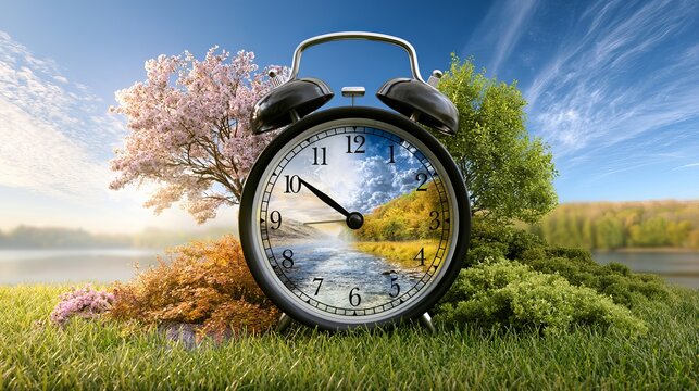 Vintage alarm clock surrounded by seasonal trees representing passage of time and four seasons change with landscape, environment