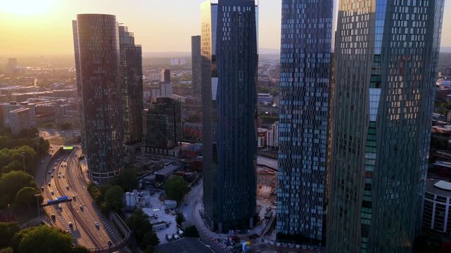 Aerial Video of Deansgate Towers and Mancunian Way at a partial Solar Eclipse