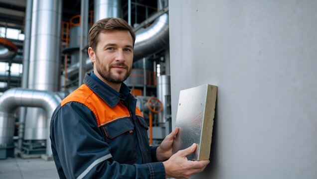Male industrial worker holding a metallic insulation panel. Professional technician showing thermal insulation material at a factory plant