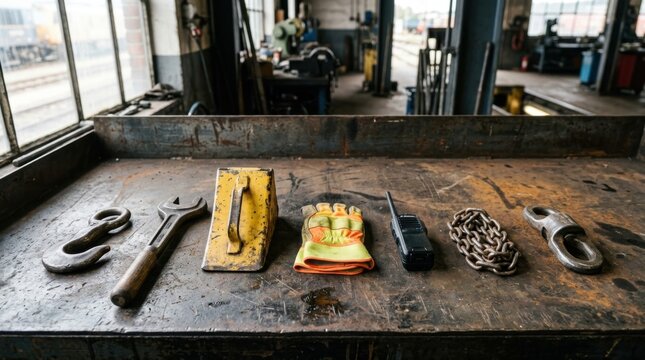 Rail freight tools and hardware including coupling hook, wheel chock, radio handset, chain, and container twist lock on metal surface.