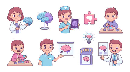 Fototapeta premium Set of medical professionals and children with brain anatomy icons, neurology research, mental health awareness, education, brain development