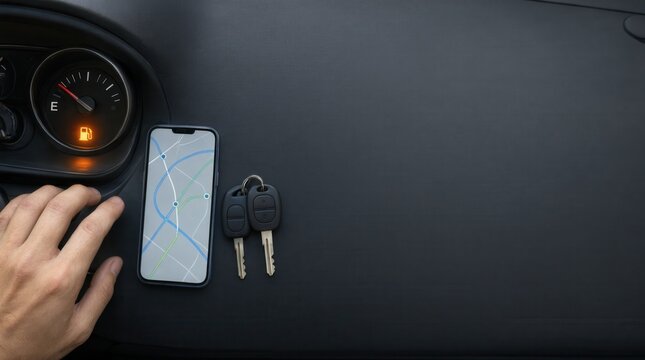 Close-up car dashboard glowing orange empty gas tank warning light with smartphone map and keys alerting driver to urgent refueling need for safe automotive travel.