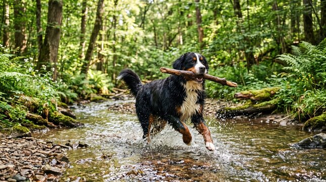 Bernese mountain dog running with a stick in a shallow forest stream