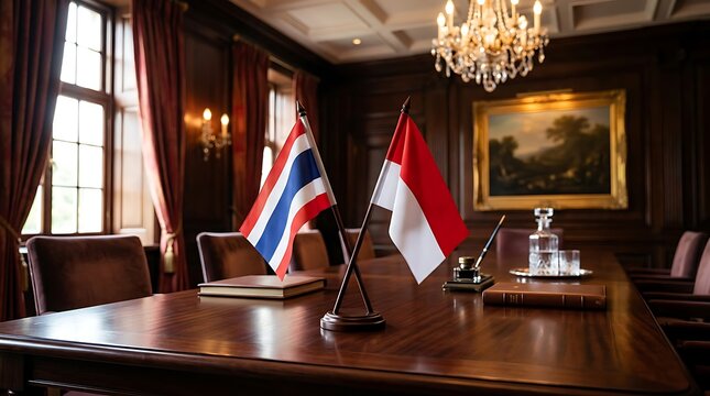 Thailand and Indonesia National Flags on a Polished Wooden Meeting Table in a Classic Boardroom