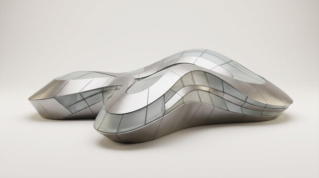 Flowing parametric architectural structure with brushed titanium panels and frosted glass isolated on clean light background for modern design minimal backdrop