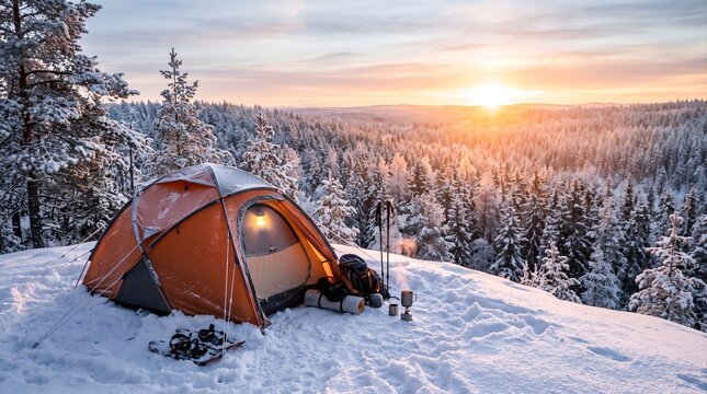 Camping tent in snowy forest at sunset with warm light