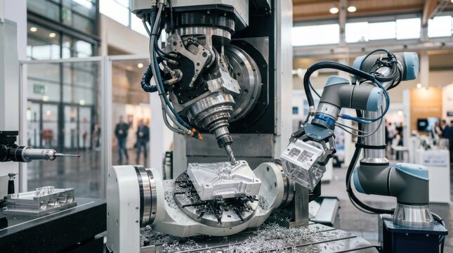 Five axis milling head, robotic loading arm, metrology probe, machined alloy blocks, and metal swarf in an industrial exhibition hall.