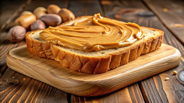 Slice of bread with peanut butter on a cutting board