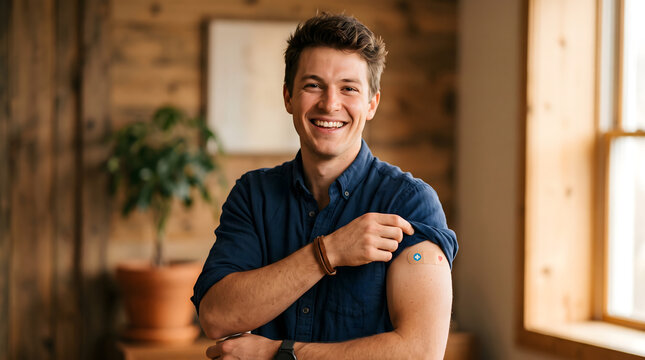 Smiling young man showing adhesive bandage on his upper arm after getting vaccinated or receiving a shot at a healthcare clinic office.