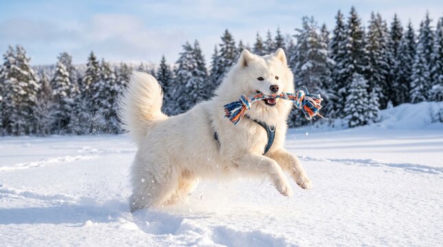fluffy white samoyed dog playing with a toy in the snowy winter forest