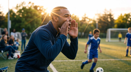 Fototapeta premium Black male soccer coach shouting instructions from the sideline. African American man directing youth team during match at sunset