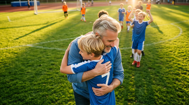 Proud father hugging his son on a soccer field after a game. Happy dad and young boy in blue uniform celebrating youth football match victory at sunset
