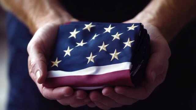 A person cradles a neatly folded American flag in their hands.