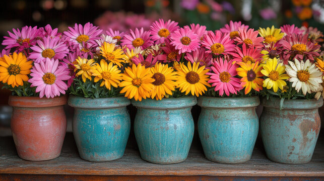 Vibrant Autumn Asters in Rustic Pots: Colorful Floral Display for Garden and Decor