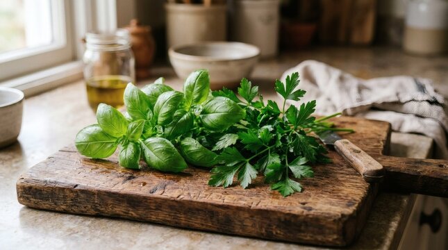Fresh green basil and parsley bunches resting upon a weathered wooden chopping board surface with parsley herbs arranged rustic wooden cutting