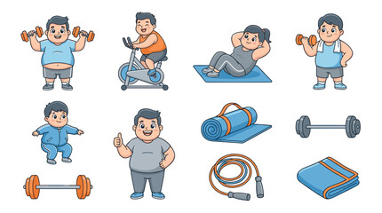 Fototapeta premium Set of overweight characters exercising with fitness equipment and gym accessories, healthy lifestyle transformation, weight loss routine, active