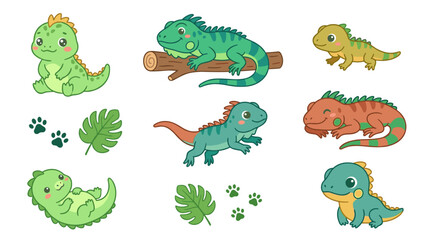 Fototapeta premium Collection of cute green iguanas and lizards with tropical leaves and paw prints, perfect for game assets, stickers, and digital wildlife projects