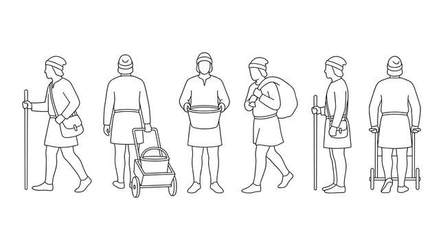 Set of medieval people silhouettes with historical clothing and gear, flat line vector icons for historical research, reenactment, cultural projects