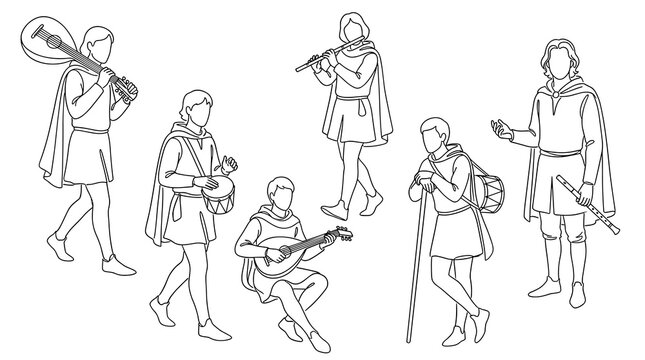 Set of isolated medieval people line drawings featuring historical characters in classic costumes, fantasy roleplay elements, historical