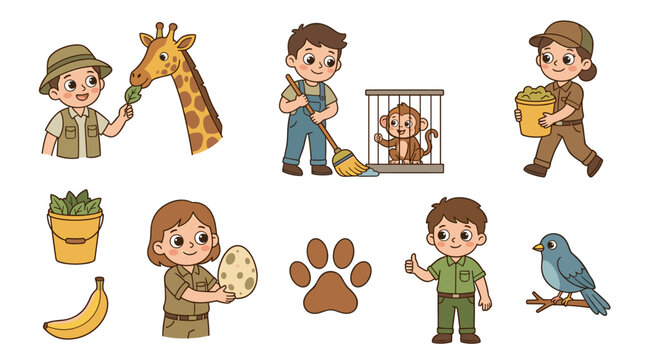Zoo keeper feeding giraffe, cleaning monkey cage, carrying animals, holding egg, flat design, pixel art style, conservation, wildlife care, animal