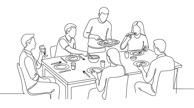 Group of people sitting around a dining table sharing a meal together, line art sketch illustrating social interaction, dinner gathering, family