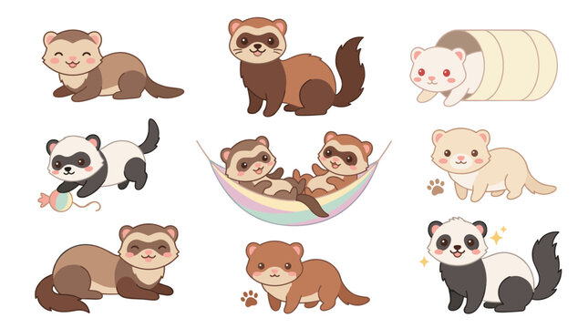 Set of cute ferrets in various poses playing and sleeping in a hammock, cheerful small pets, domestic animal collection
