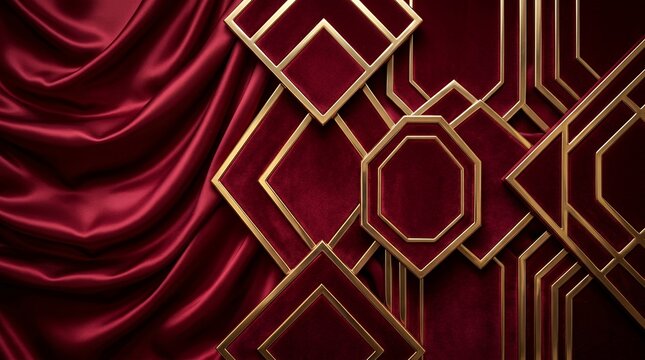 Opulent ruby satin draping texture enhanced with gleaming metallic borders for high end digital settings. Regal velvet geometric sheets overlapping elegantly to form a theatrical presentation canvas.