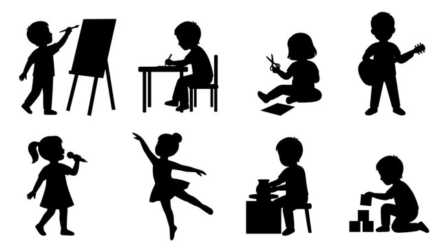 Set of black silhouettes of children engaged in creative activities, painting, singing, dancing, playing, preschool education development