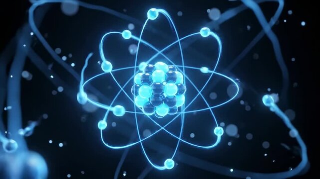 Glowing blue atom with orbiting electrons on dark background