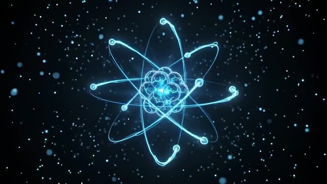Dynamic blue atomic structure with glowing orbital paths