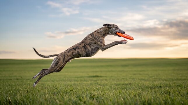 Fast greyhound dog jumping to catch an orange frisbee in a green grass field during sunset