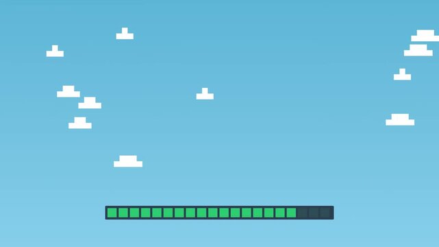 Retro Pixel Art Loading Bar Progress Animation with Clouds and Blue Sky Background in 8-Bit Style
