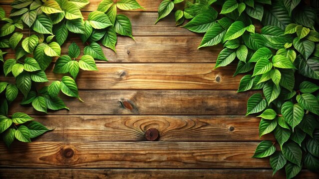 Lush green leaves sprawled quietly in the corner nestled against a worn earthytoned wooden panel