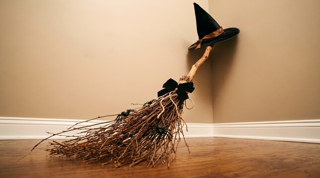 Spooky witch broom with a black pointed hat leaning against a wall in a room corner on a wooden floor, perfect for Halloween holiday festive decorations and mystical autumnal atmosphere