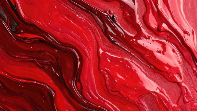 Close-up of a vibrant red marbled surface featuring swirling patterns and a glossy, reflective texture.