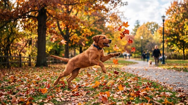 golden labrador dog jumping and playing in a park with colorful autumn leaves on the ground