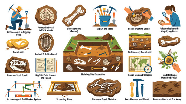 Archaeology  Paleontology Flat Vector Illustration Set: Digging Tools, Fossils, and Excavation Elements