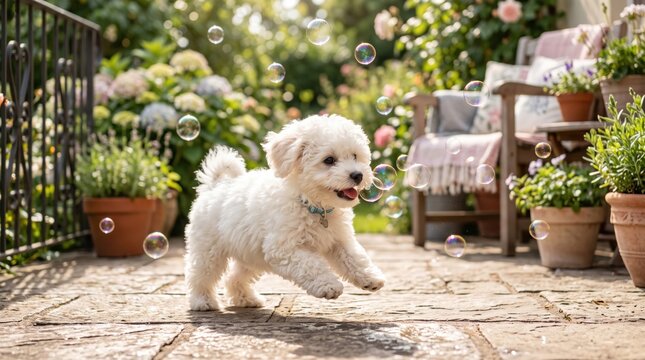 white bichon frise puppy playing with soap bubbles in a sunny backyard garden