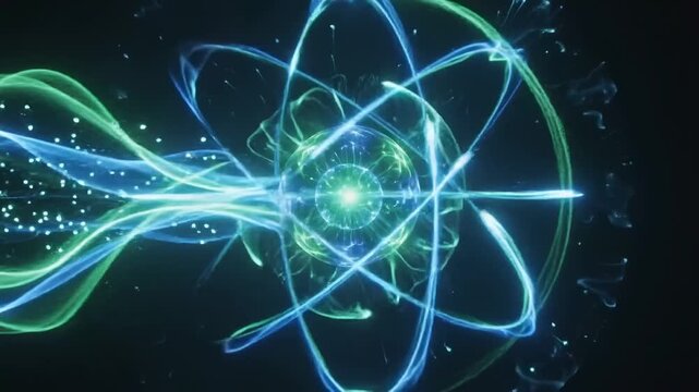 Abstract blue and green energy waves with atomic orbital motion