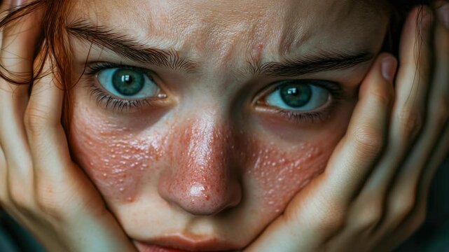 Close-up of a young female with a skin condition. Her face is covered with red marks, and she has a concerned expression.