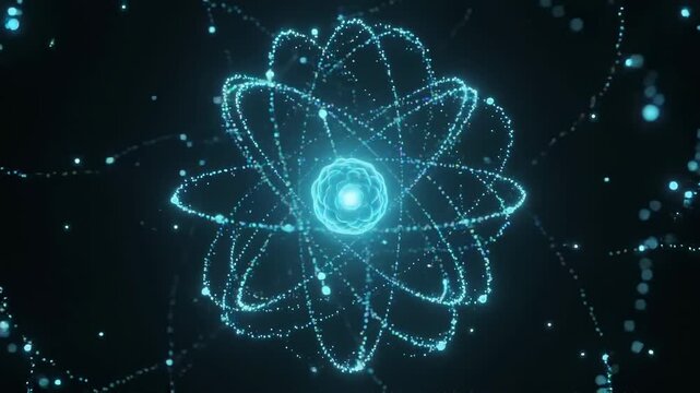 Glowing blue particle atom structure rotating in dark space