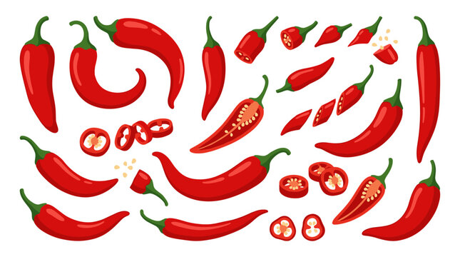 Collection of red chili peppers in various stages of preparation, whole, sliced, and chopped, with visible seeds, depicted in a pixel art style