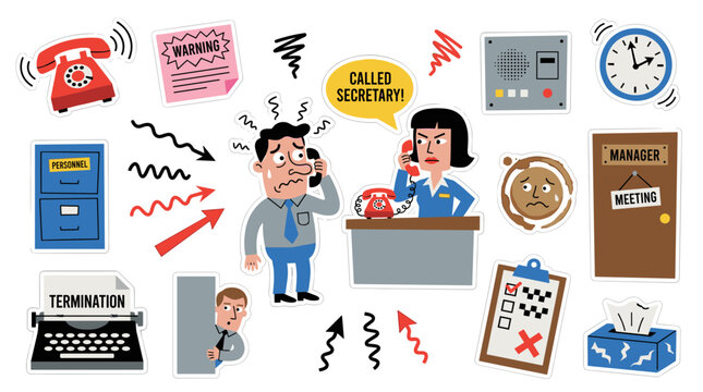 Stressed office worker in chaotic workplace, business struggle, multitasking pressure, frantic communication, deadline anxiety, workplace burnout
