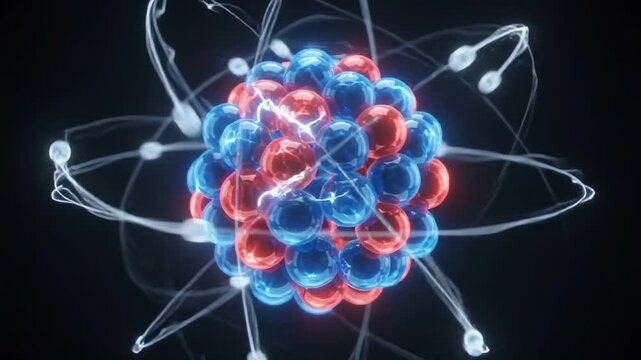 Glowing atomic nucleus with orbiting electrons 3d animation