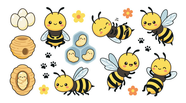 Cute bee life cycle collection showing egg honeycomb hive and flying insects, metamorphosis vector, nature education, pollination biology