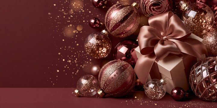 Elegant burgundy and rose gold Christmas ornaments surround a gift box with a large satin bow.