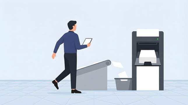 Office Printer Operation: A man holds a tablet while standing near an office printer, illustrating a modern workflow and technology integration in a business setting.