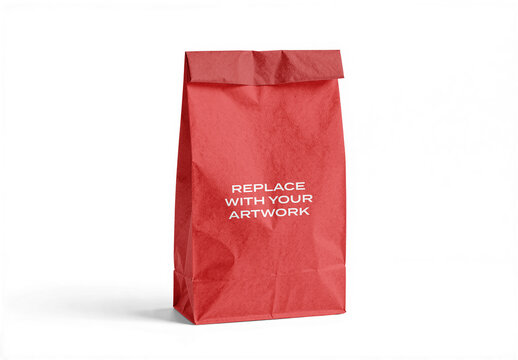 Paper bag mockup with textured surface and foldable top, displayed on a white background for branding packaging design presentation, vertical orientation, clean minimal product template